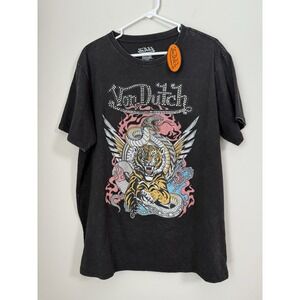 Von Dutch Tiger & Snake Rhinestone Logo Distressed Black T-Shirt Men's XL BNWT